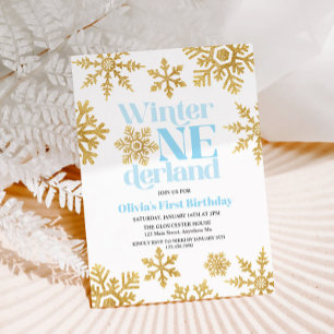 Convite Inverno Onederland Azul Dourado Floco de Neve 1º A