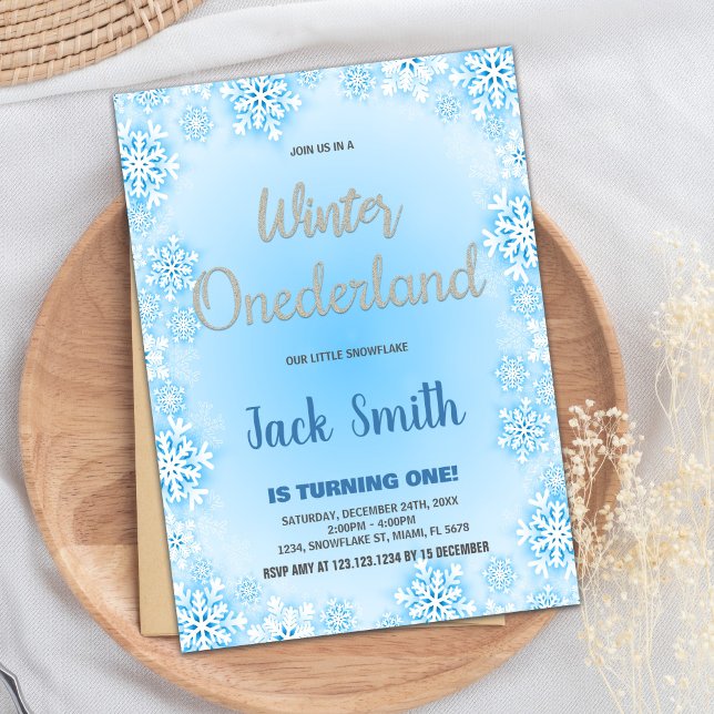Convite Inverno OneDerland Birthday Incita Neve Azul (Winter ONEderland Birthday Invitations Blue Snow)