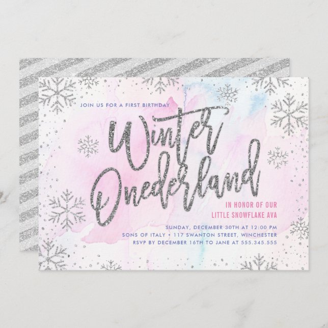 Convite Inverno OneDerland Birthday Silver Glitter (Frente/Verso)