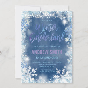 Convite Inverno ONEderland Blue Snowflakes Aniversário