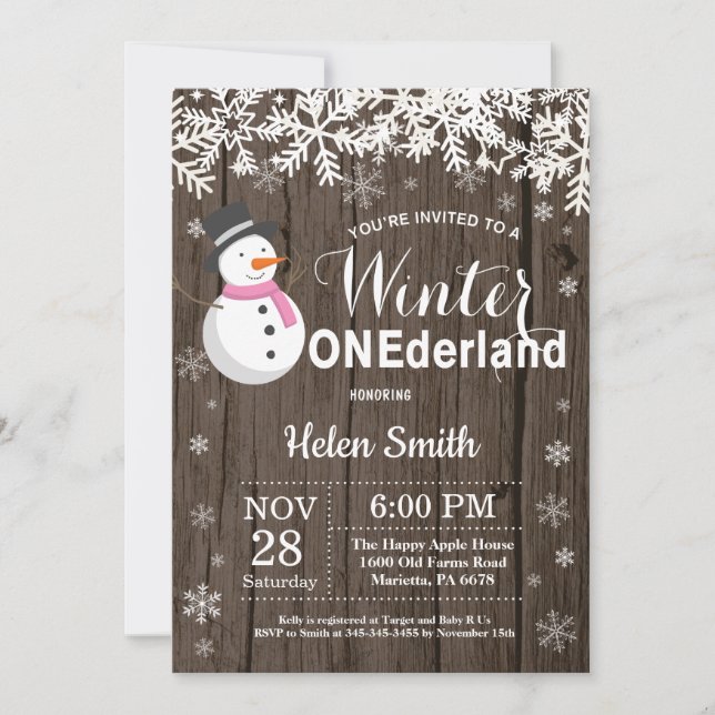 Convite Inverno Onederland Boneco de Neve Rústico Menina 1 (Frente)