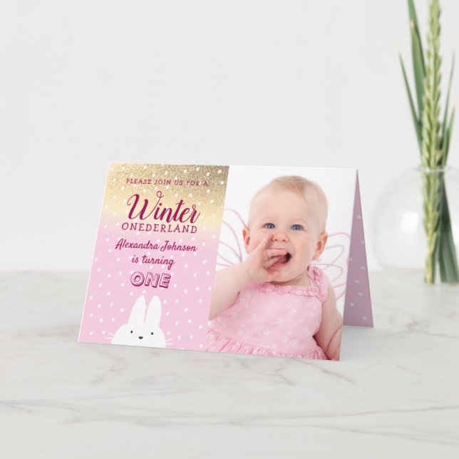 Convite Inverno Onederland Brilho Rosa e Dourado Aniversár (Frente)