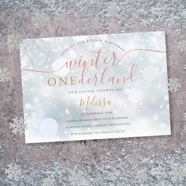 Convite Inverno Onederland, Cor-De-Rosa E primeiro anivers (Winter Onederland Pink And Gold 1st Birthday Invitation)