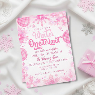 Convite Inverno Onederland Floco de Neve Rosa Primeiro Ani