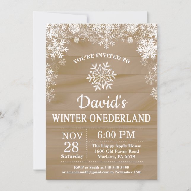 Convite Inverno Onederland Floco de Neve Rústico Aniversár (Frente)