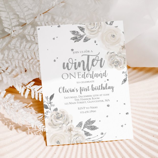 Convite Inverno Onederland Floral com Brilho Prata (Criador carregado)