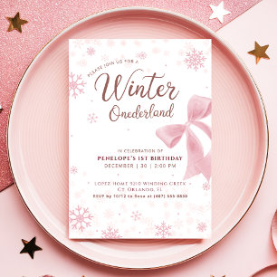 Convite Inverno Onederland Laço de Floco de Neve Rosa Aniv