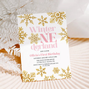 Convite Inverno Onederland Pink Gold Floco de Neve 1º Aniv