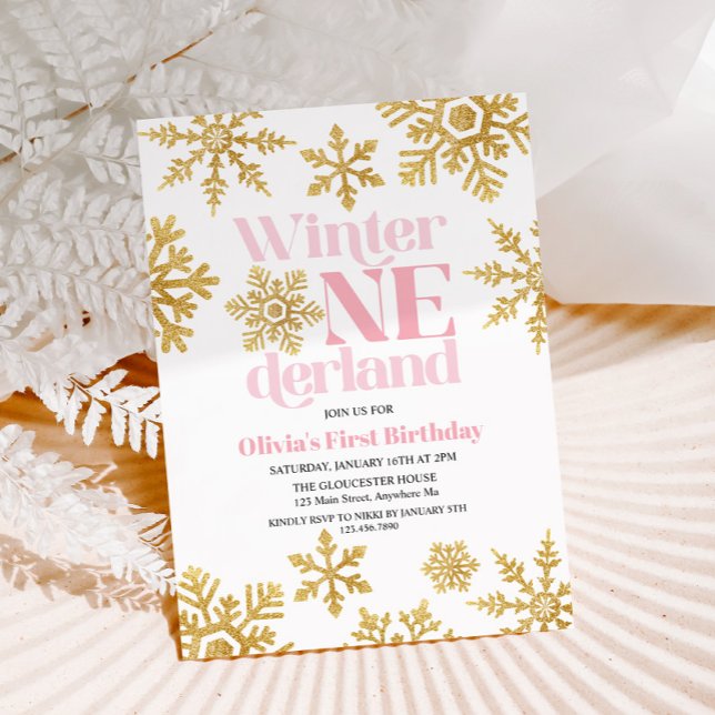 Convite Inverno Onederland Pink Gold Floco de Neve 1º Aniv (Criador carregado)