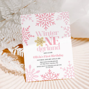 Convite Inverno Onederland Pink Gold Floco de Neve 1º Aniv