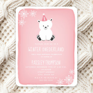 Convite Inverno Onederland Polar Bear Rosa Primeiro Aniver
