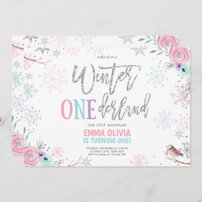 Convite Inverno ONEderland primeiro aniversario Floral de  (Frente/Verso)