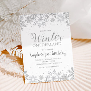 Convite Inverno Onederland Primeiro Aniversário Prata Floc