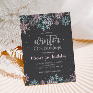 Convite Inverno Onederland Primeiro Aniversário Rosa Azul 