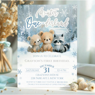 Convite Inverno Onederland Urso Bebê Azul Primeiro Anivers