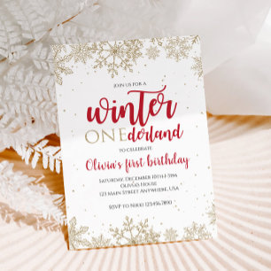 Convite Inverno Onederland Vermelho 1º Aniversário Dourado