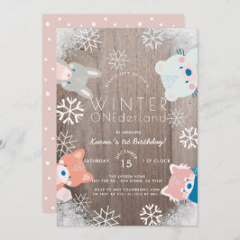 Convite Inverno Onederland Woodland Animais Rosa Aniversár