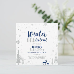 Convite Inverno Prateado e Azul-Marinho Onederland 1º Prim