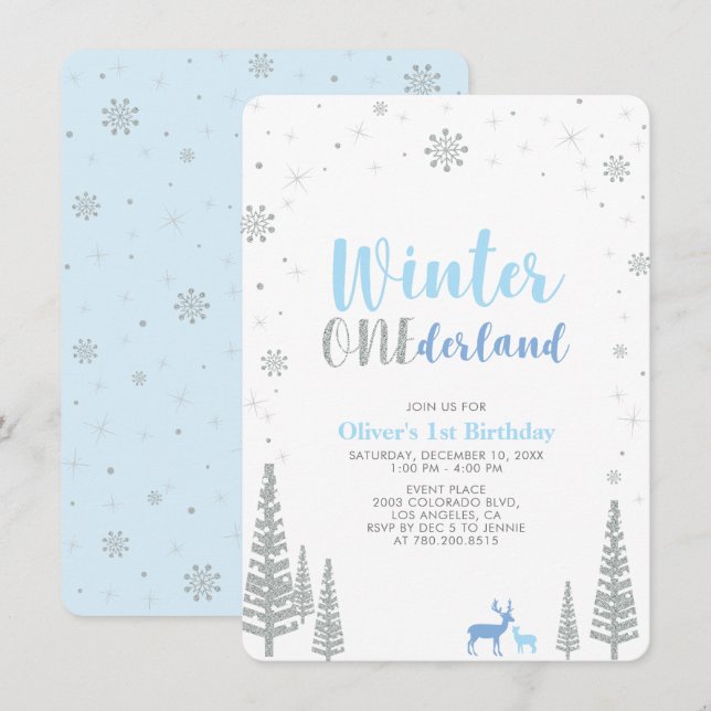 Convite Inverno prateado Onederland festa de 1º aniversári (Frente/Verso)