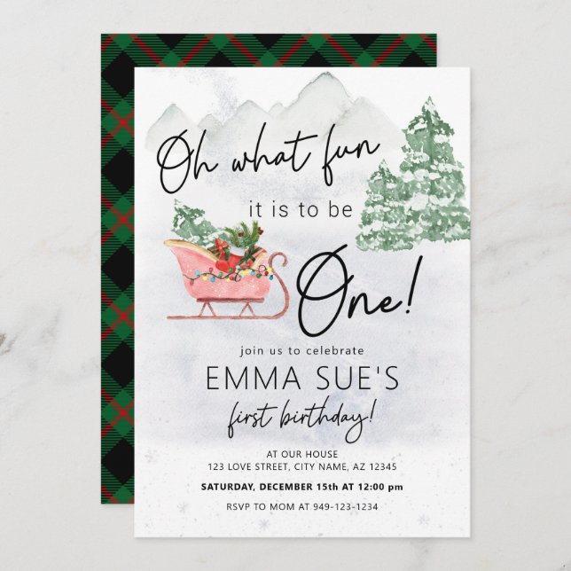 Convite Inverno Que Natal divertido Sleigh Primeiro Aniver (Frente/Verso)