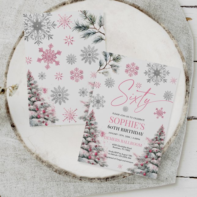Convite Inverno Sessenta Aniversário Convite, Rosa e Prata (Criador carregado)