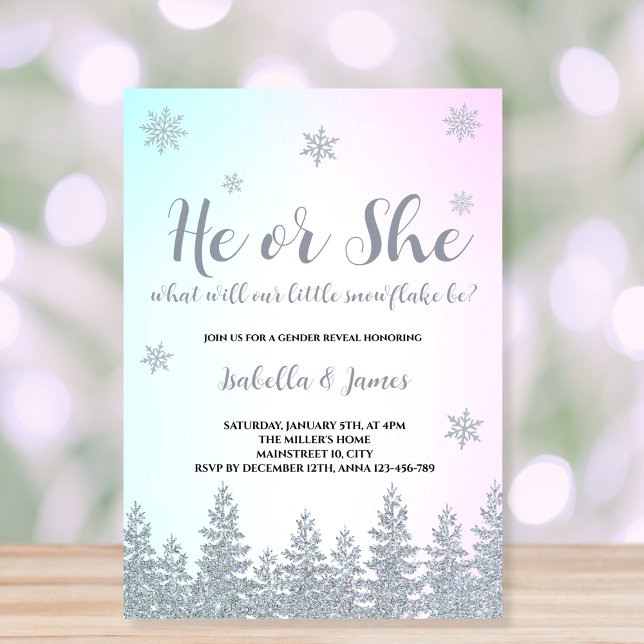Convite Inverno Sexo Revele Floco de Neve Ele ou Ela (winter gender reveal invitation he or she snowflake pink or blue)