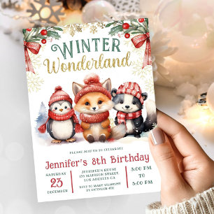 Convite Inverno Wonderland Cute Snow Animais 8º aniversári