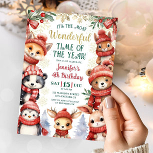 Convite Inverno Wonderland Cute Winter Animal 4º aniversár