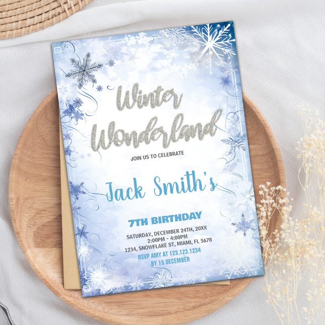 Convite Inverno Wonderland Invoca Blue Silver Gliter (Winter Wonderland Invitations Blue Silver Glitter)