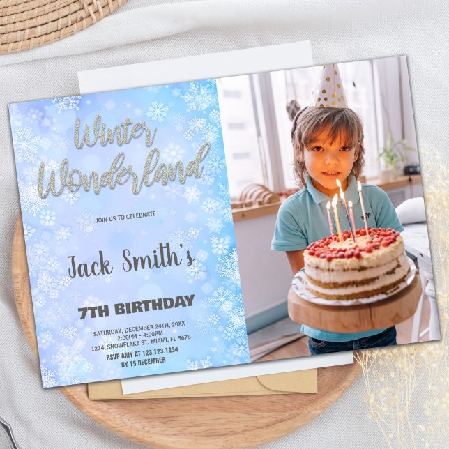 Convite Inverno Wonderland Invoca Foto de Prata Azul (Winter Wonderland Invitations Blue Silver Photo)