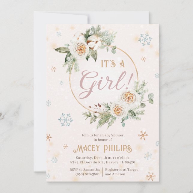 Convite Inverno Wonderland Pink Baby Girl Chá Sprinkle (Frente)