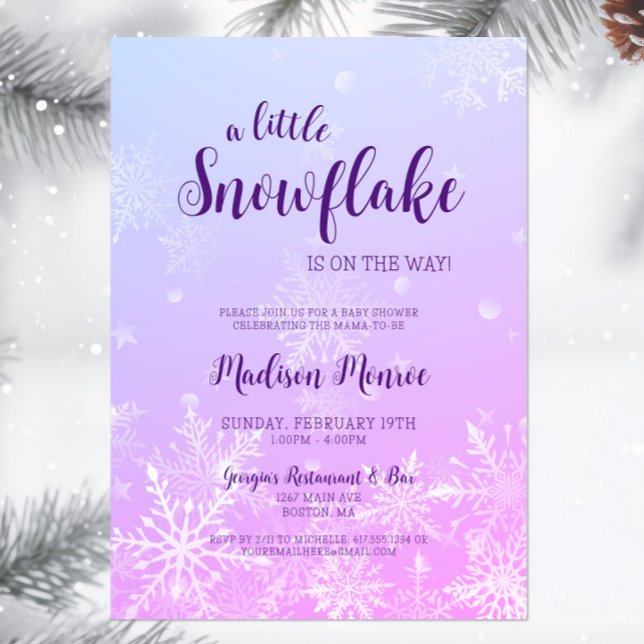 Convite Inverno Wonderland Snowflake Chá de fraldas Convit (A little snowflake is on the way Baby Shower Invitation, Winter Wonderland Invite, Purple Blue )