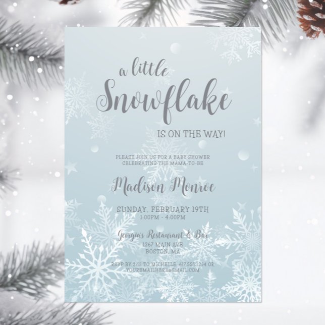 Convite Inverno Wonderland Snowflake Chá de fraldas Convit (A Little Snowflake is on the way Baby Shower Invitation, Blue Winter Wonderland Invite, Script)