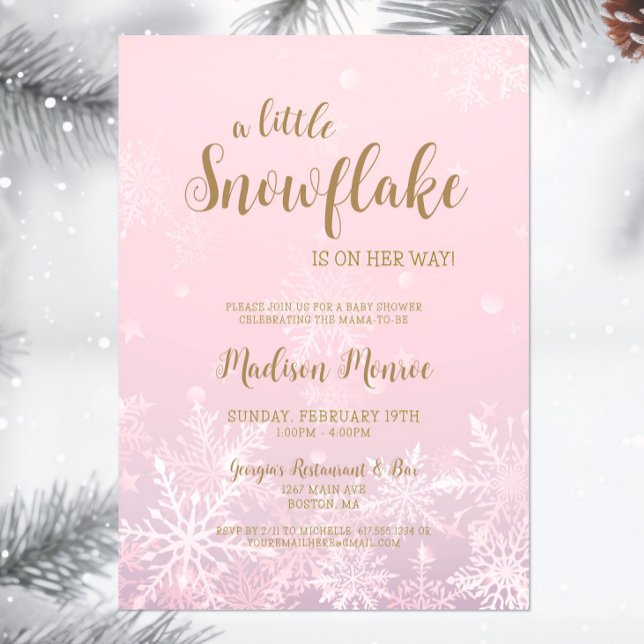 Convite Inverno Wonderland Snowflake Chá de fraldas Convit (A little snowflake is on her way Baby Shower Invitation, Winter Wonderland Invite, Pink Gold Script)