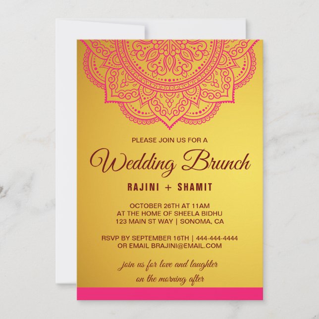 Convite Invit Brunch Dourado de Casamento de Paisley Verme (Frente)