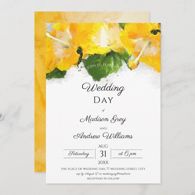 Convite Invit De Casamento De Arte De Flor Amarelo Belo (Frente/Verso)