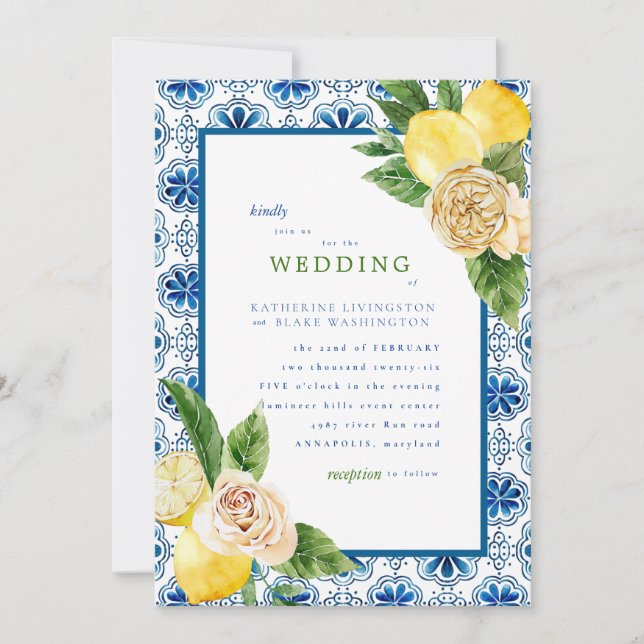 Convite Invit de Casamento de Azul e Limões do Mediterrâne (Frente)