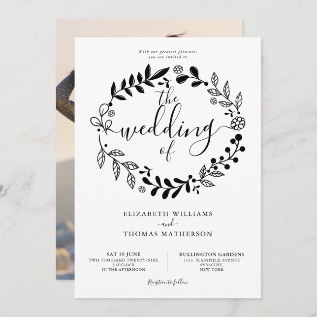 Convite Invit de Casamento de Foto Floral de Garland Preta (Frente/Verso)