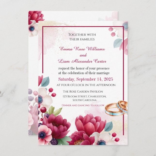 Convite Invit De Casamento Elegante De Anéis Florais E Dou (Frente/Verso)