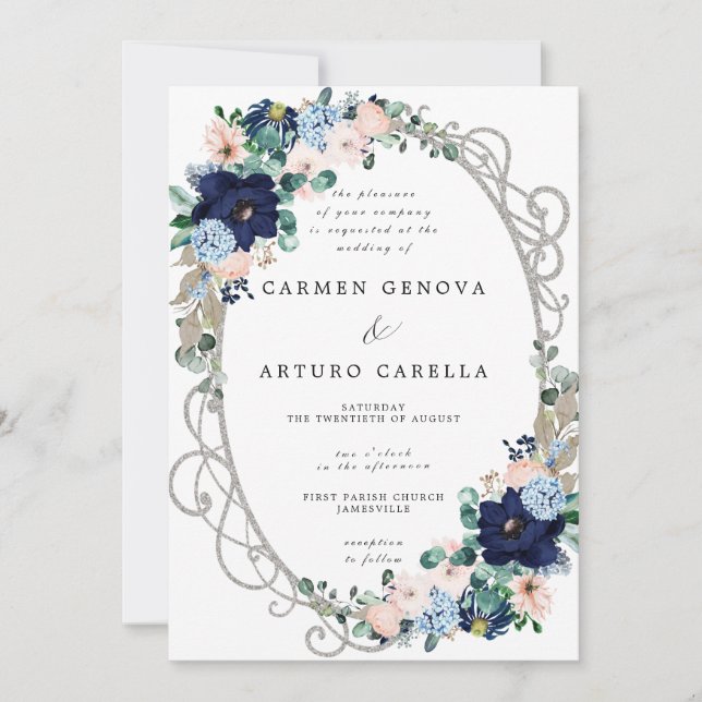 Convite Invit De Casamento Floral Azul Pedrejado Elegante (Frente)