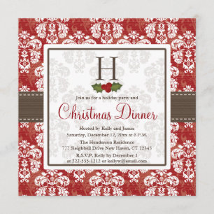 Convite Invit de Janto de Natal do Monograma Damask Holly 