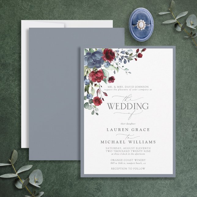 Convite Invit Formal Azul Borgonha Aquarela Invit Floral (Criador carregado)