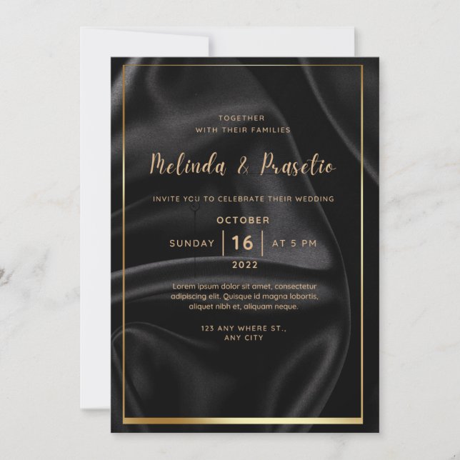 Convite Invitação de Casamento Tinta Dourada de Álcool Pre (Frente)