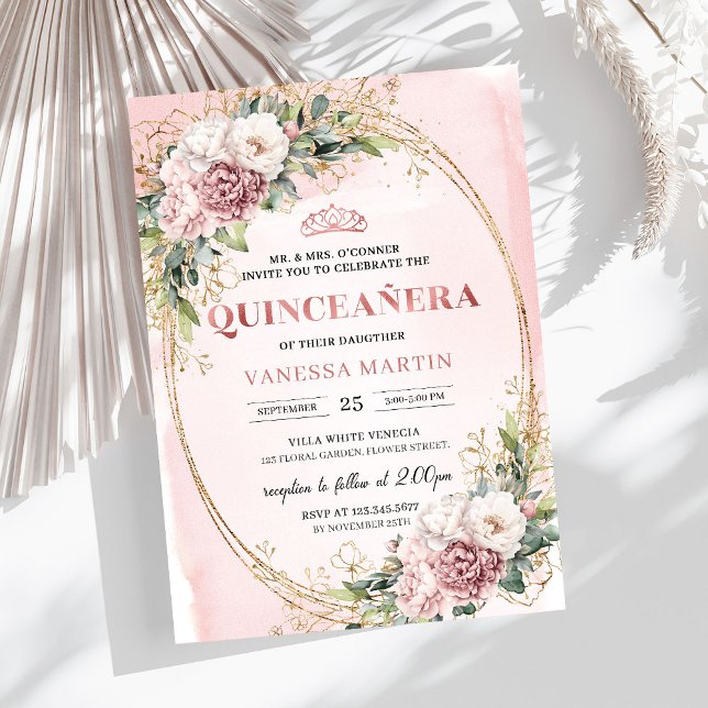 Convite Invitación 15 Años Floral Rosa con Verde Eucalipto (Sparkling Blush Pink Flowers Eucalyptus 15th Birthday Invite

)