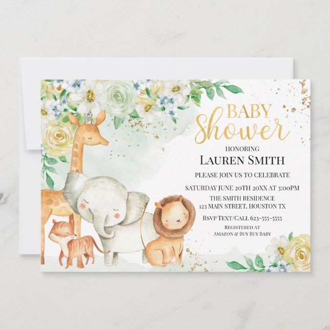 Convite Invitación a Baby Shower para animales florales (Frente)