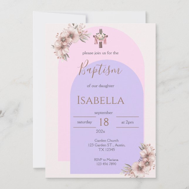 Convite Invitación al bautismo rosado (Frente)