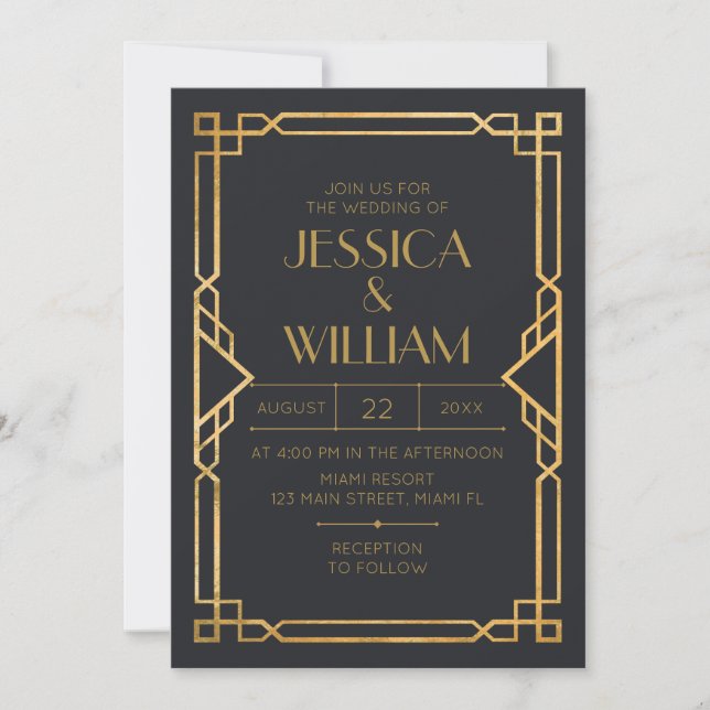 Convite Invitación Art Deco Wedding Invitation 2 (Frente)