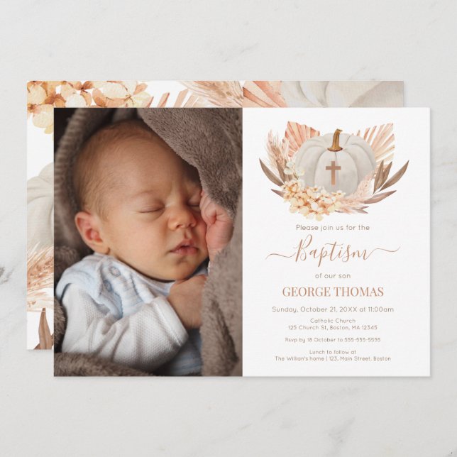 Convite Invitación Baptism Boho white Pumpkin Photo Invita (Frente/Verso)