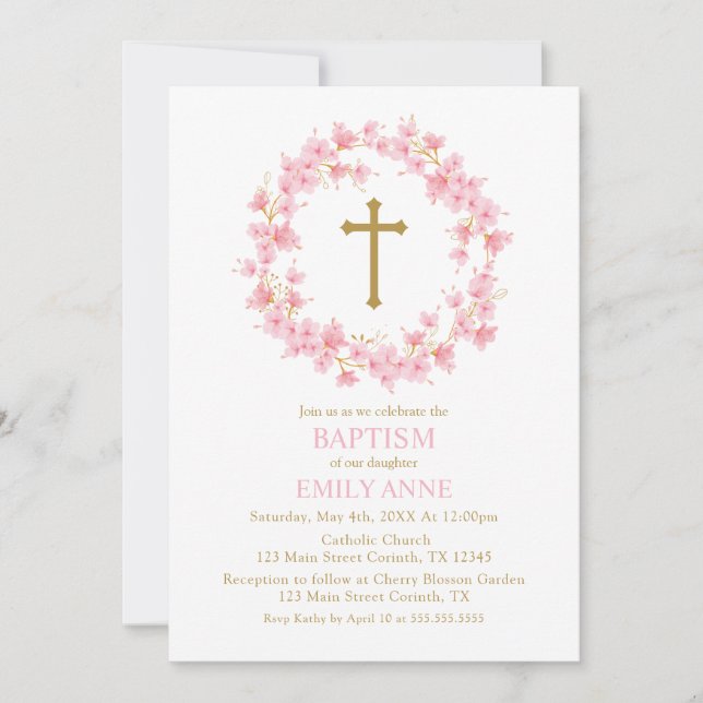 Convite Invitación Baptism Cherry Blossom floral I (Frente)