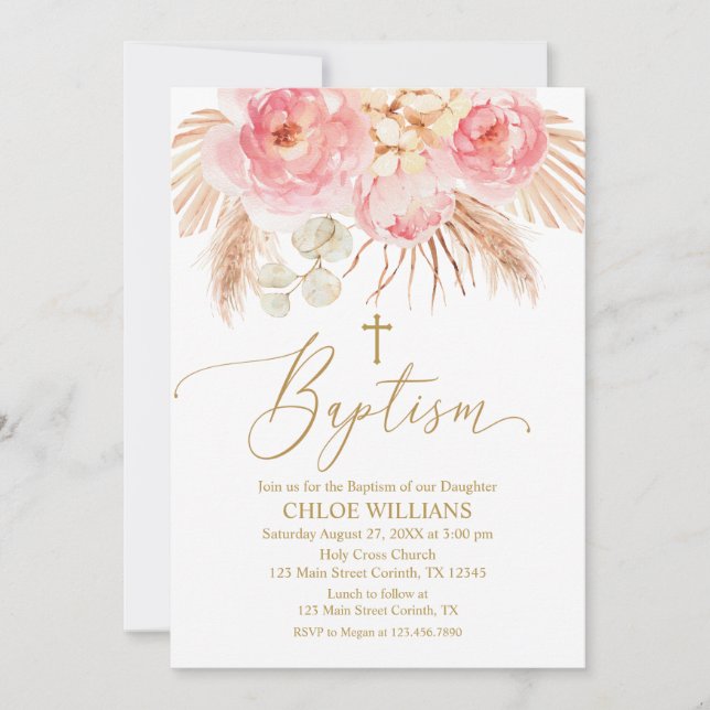 Convite Invitación Baptism Floral pink Boho Pampas Girl In (Frente)